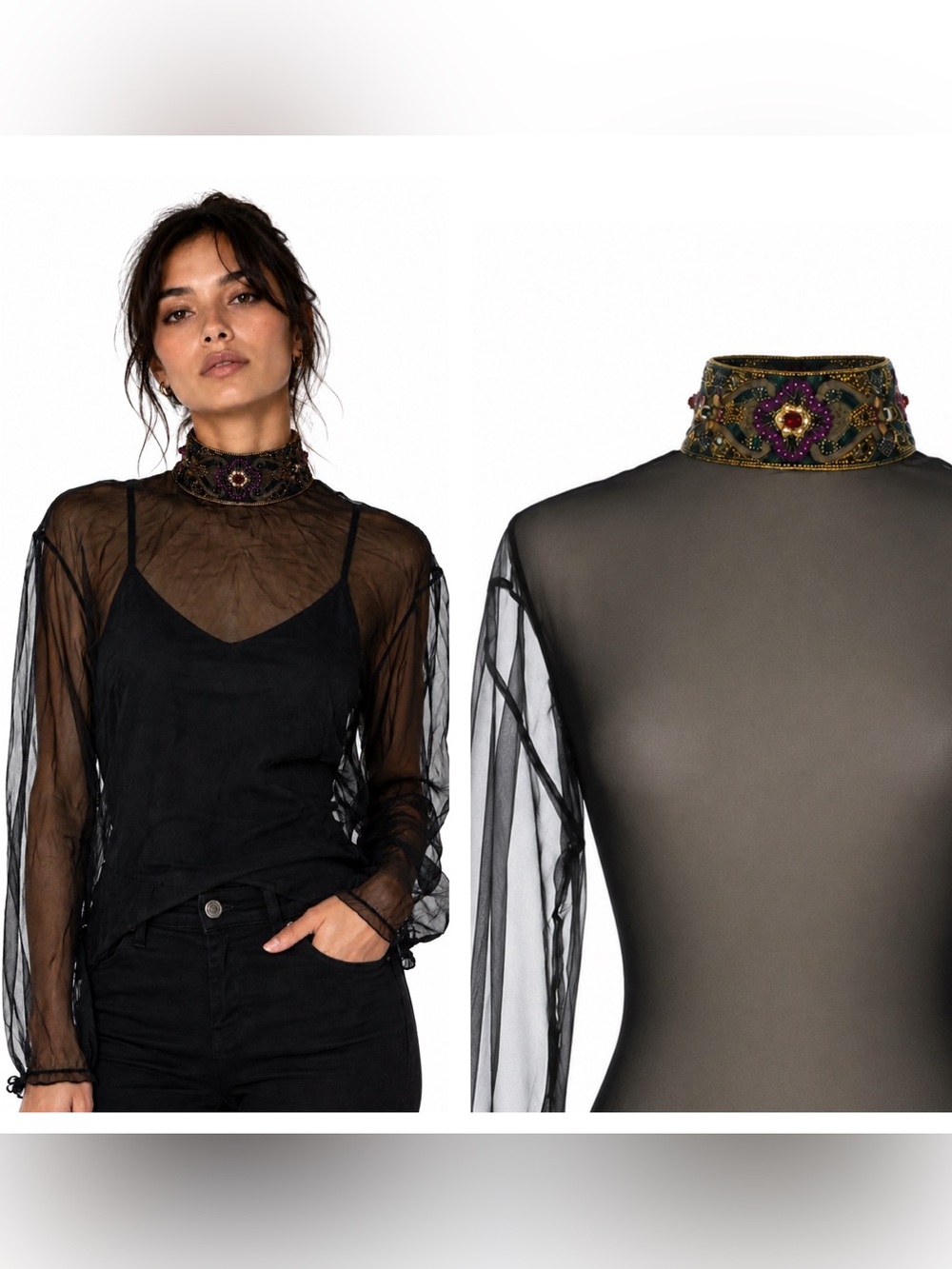 Vintage Ralph Lauren Collection Beaded High Neck Sheer Silk Blouse Formal Top M